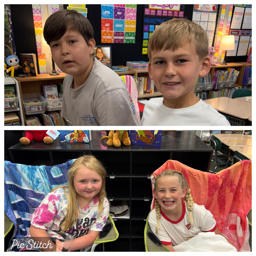Two photos of children in a classroom setting, one with two boys smiling and the other with two girls smiling.