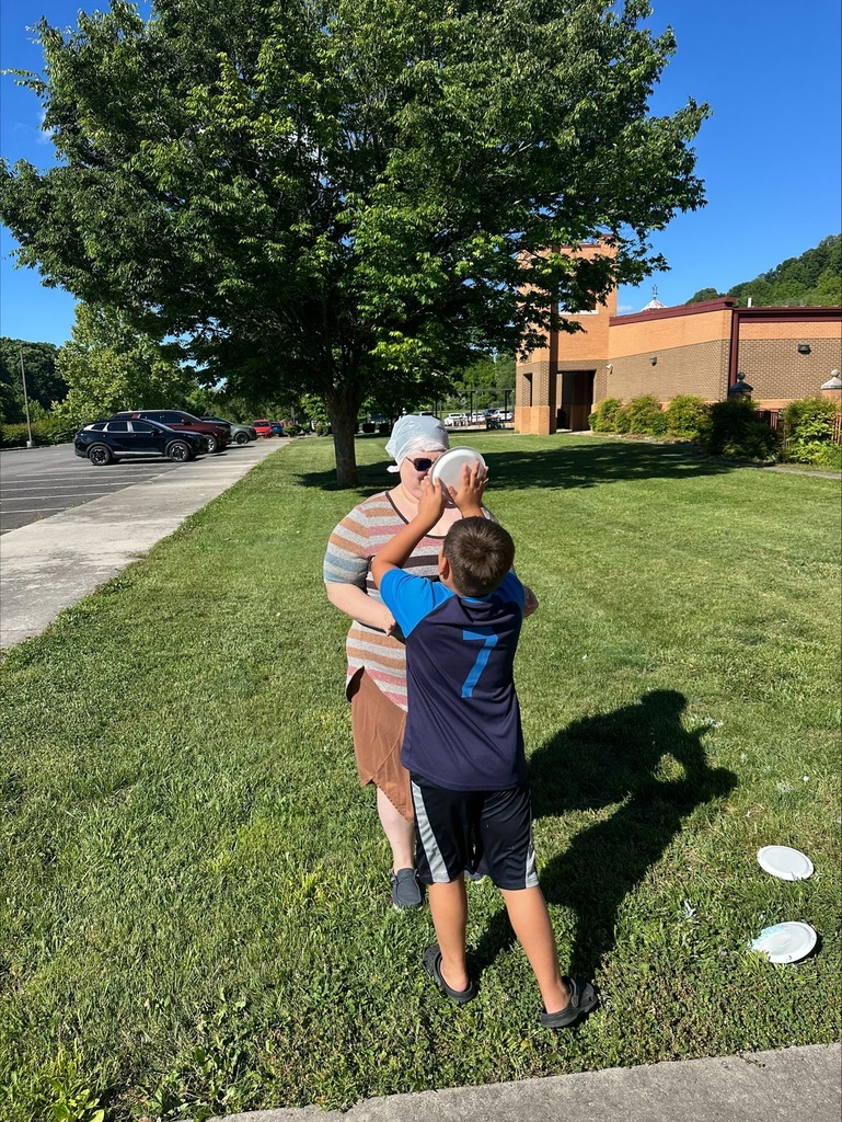 Two people stand on a lawn, one in a blue shirt, the other in a striped shirt. They play with frisbees.