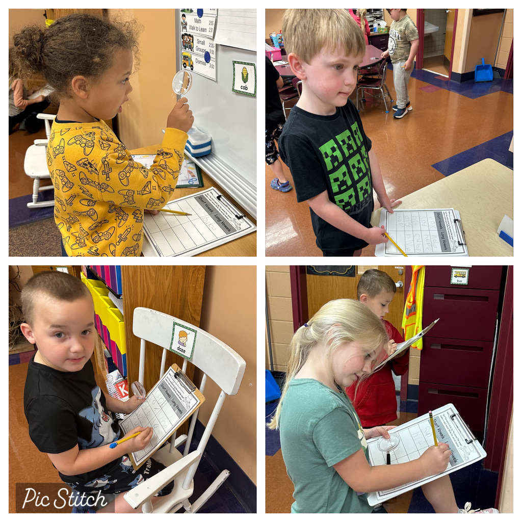 Four photos show children seated and writing on paper, one holding a pen. Backgrounds include chairs, desks, and a classroom.