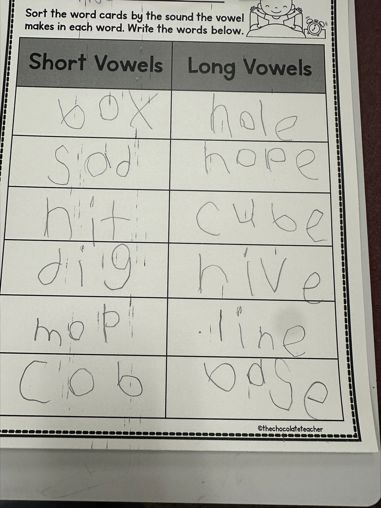 A worksheet with words in two columns: Short Vowels and Long Vowels. Each column has several words, some with handwriting and others left blank.