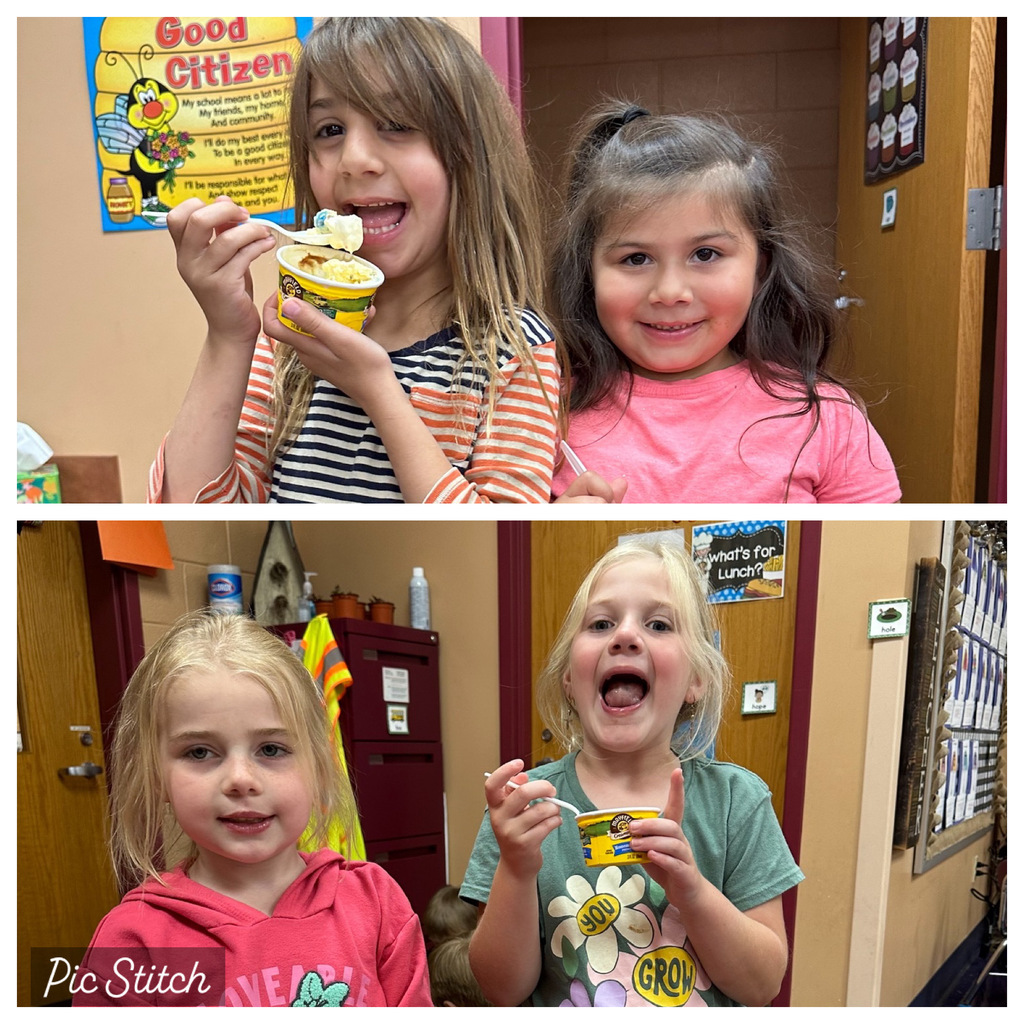 Three children eating ice cream, two with mouths full, and one with a surprised look, in a room with a yellow poster.