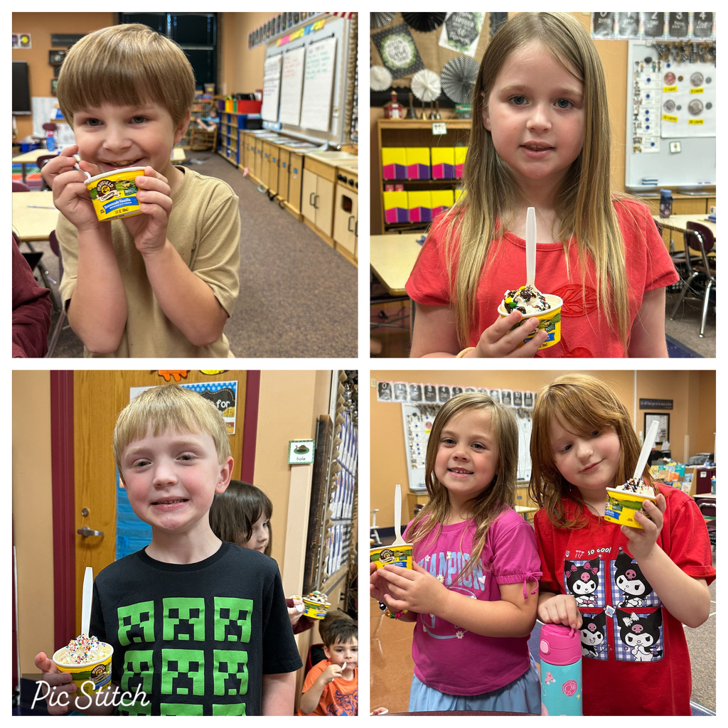 Four photos of young children in a classroom holding cups of ice cream. Each child holds a spoon and cup.