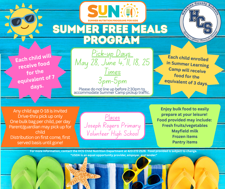 Bright blue background with "Summer Free Meals Program" text. Dates and times listed. Details for food pickup and items included.