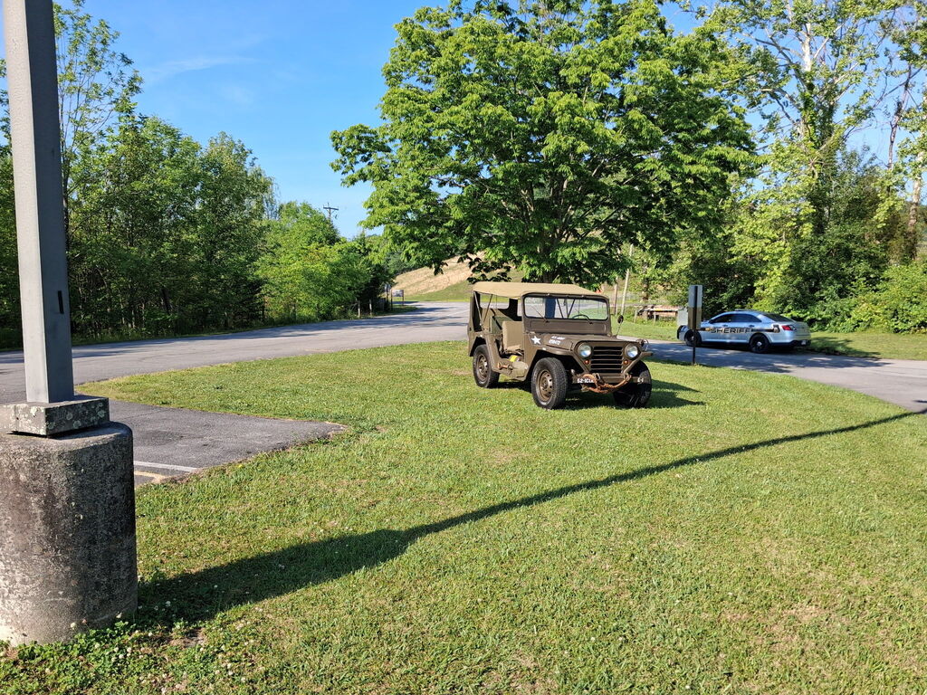 A vintage military jeep parked on grassy ground, with a tree overhead and a car parked at a roadside.