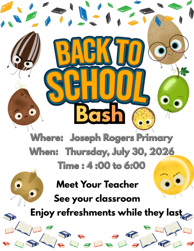 A vibrant poster with cartoon-like characters holding books, balloons, and confetti. Text reads "Back to School Bash" with details: Joseph Rogers Primary, Thursday, July 30, 2026, 4:00 to 6:00 PM.