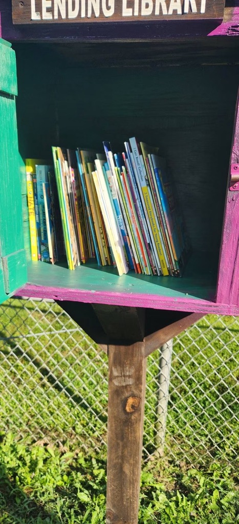A colorful box labeled "Lending Library" filled with children's books stands outside, next to a fence.