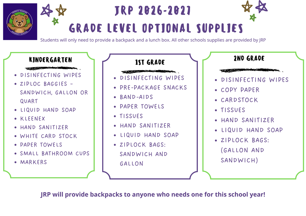 A white page lists grade-level optional supplies. Kindergarten requires disinfecting wipes, ziplock bags, and sandwich gallon. First grade includes pre-package snacks and band-aids. Second grade lists copy paper and cardstock.