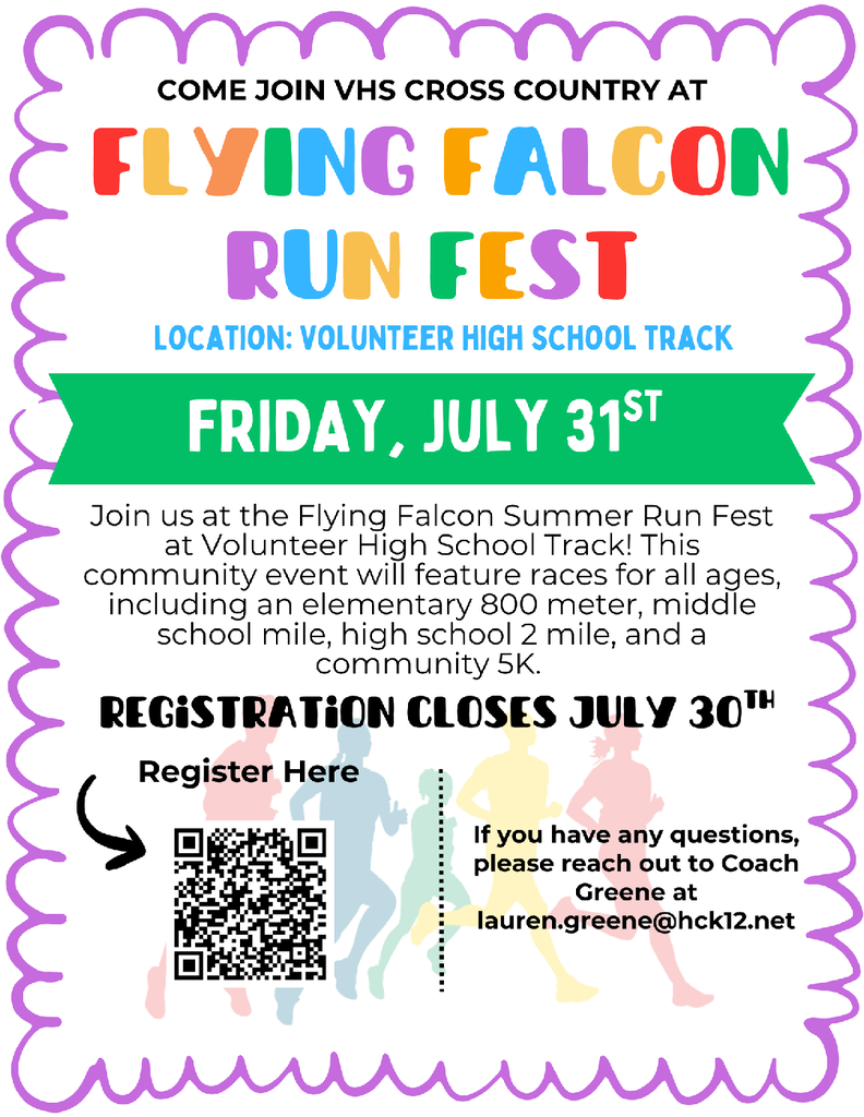 Flyer for a community run event at Volunteer High School. It includes race distances and a QR code for registration.