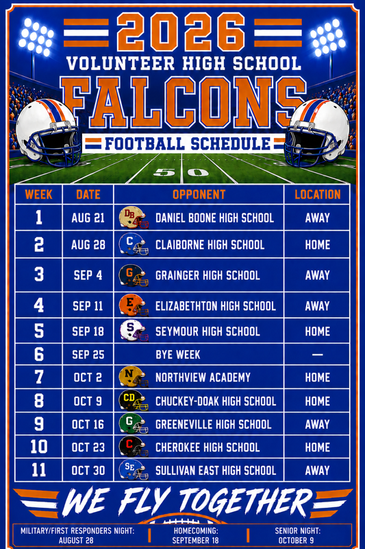 Schedule poster for the 2026 Volunteer High School Falcons football team. Dates and opponents listed.