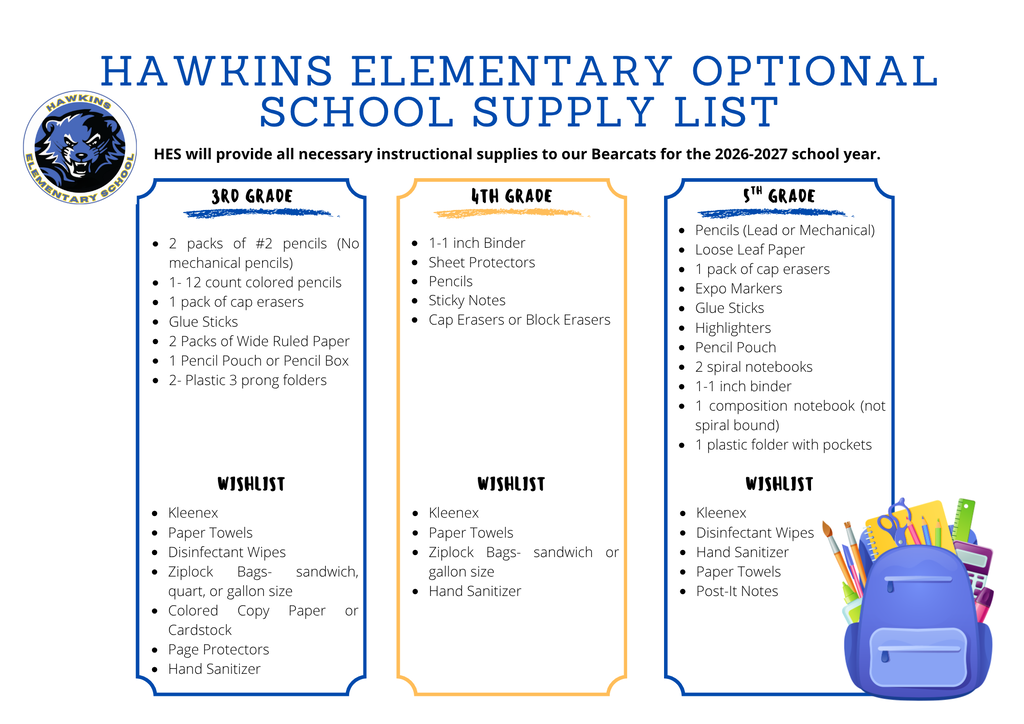 Optional school supply list for Hawkins Elementary School 2026-2027 school year
