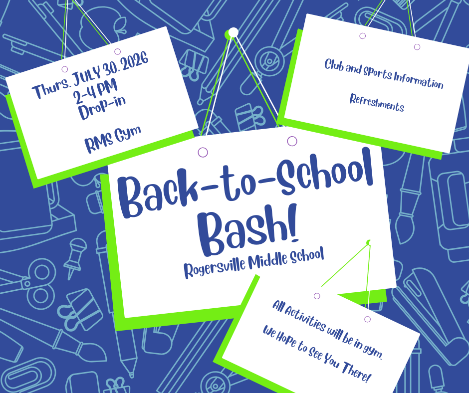 Four white cards with green borders on a blue background display information about an event at Rogersville Middle School.