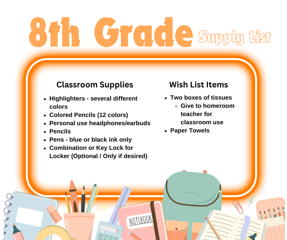 Text and visuals of an 8th grade supply list, including classroom and wish list items, displayed on a white background.
