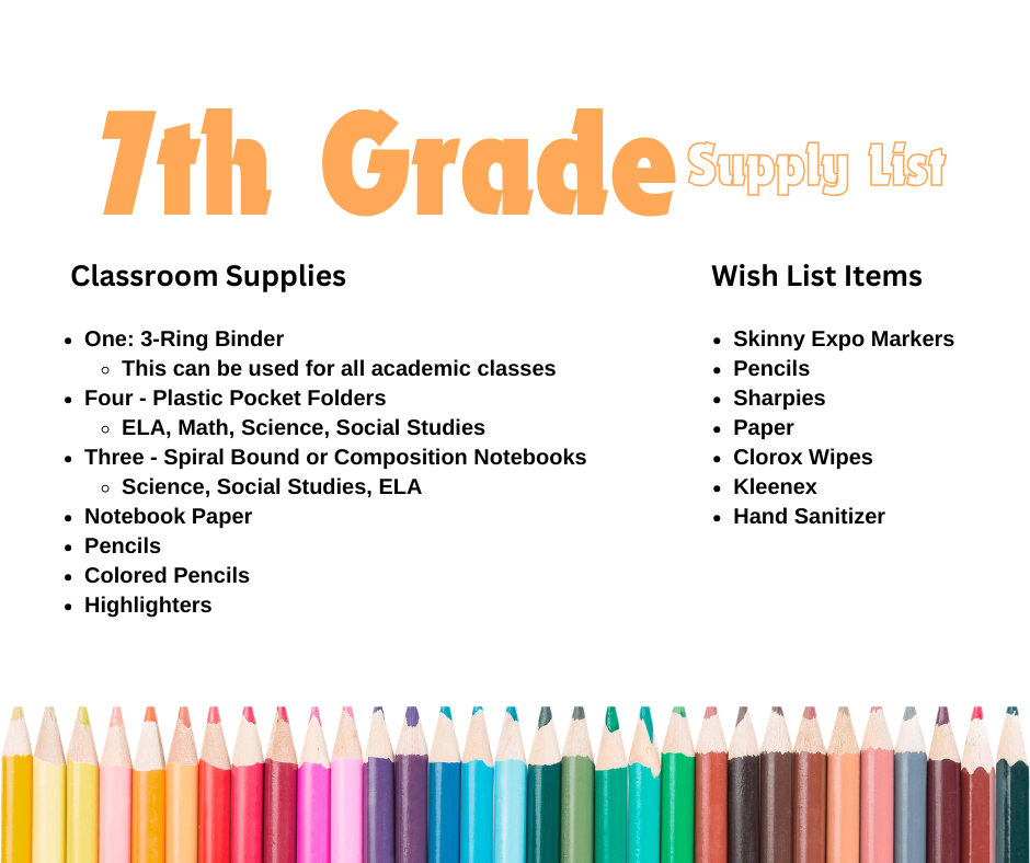 A list of classroom supplies and wish list items for 7th grade includes colored pencils and markers.