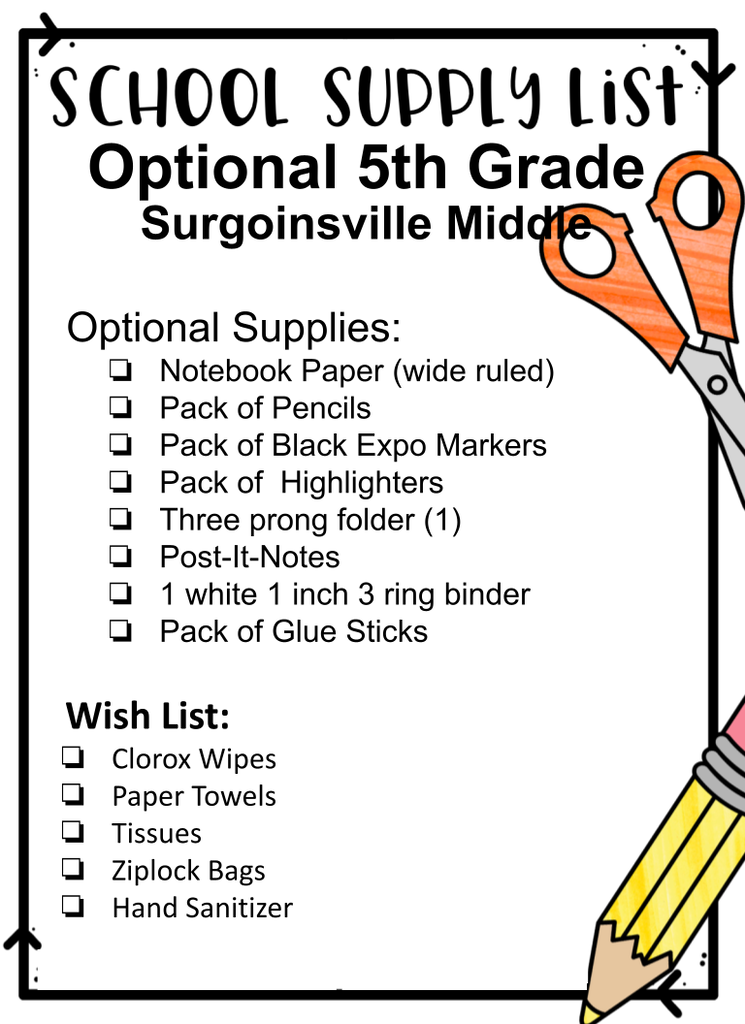 A list of optional 5th grade school supplies with a scissors and pencil beside it.