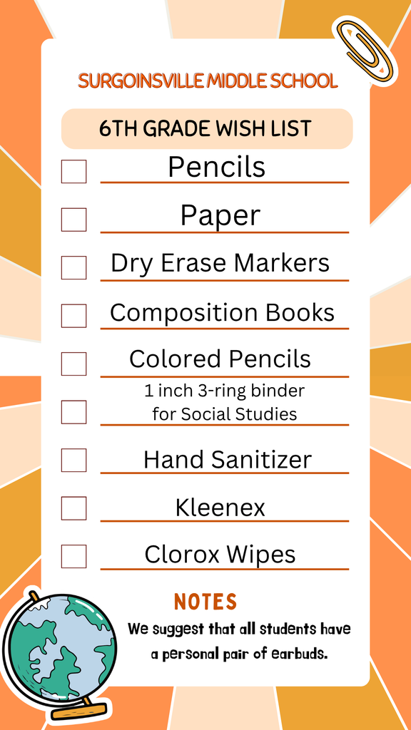A list from Surgoinsville Middle School for 6th graders includes pencils, paper, markers, books, binders, hand sanitizer, Kleenex, Clorox wipes, and a note about personal earbuds.
