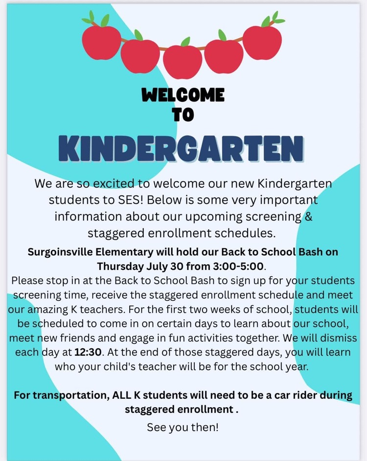 Updated dismissal time for Kindergarten - We will dismiss each day at 12:30