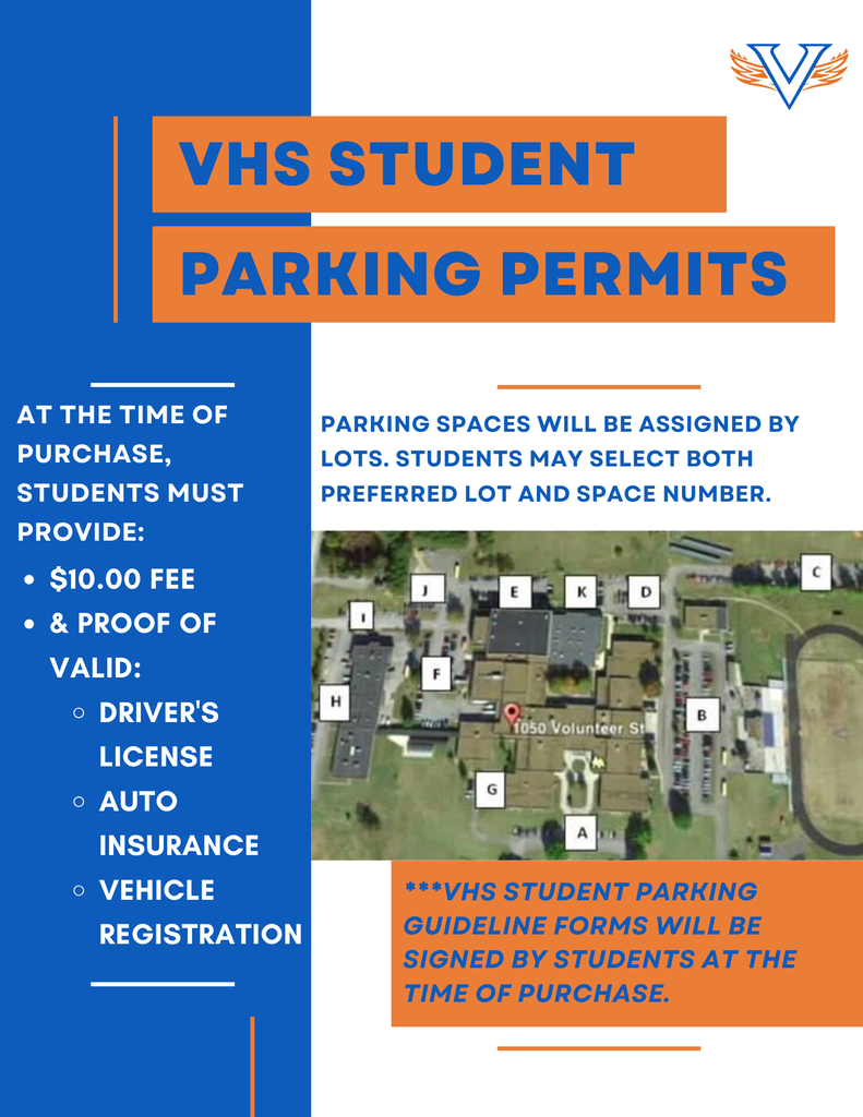 Blue and white flyer with text about student parking permits. It lists required documents and mentions spaces are assigned.