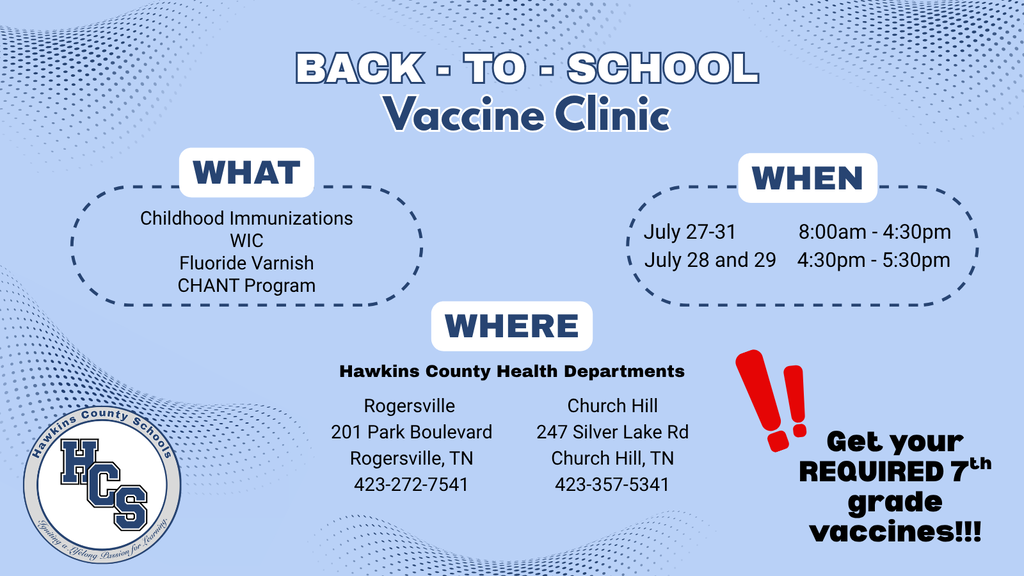 An informational graphic about a back-to-school vaccine clinic, with details on dates, times, and locations.