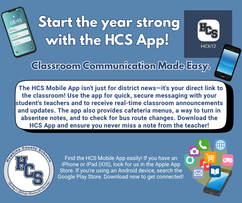 An advertisement shows a mobile app icon, two phones, and a blue background. It promotes the HCS app for communication.