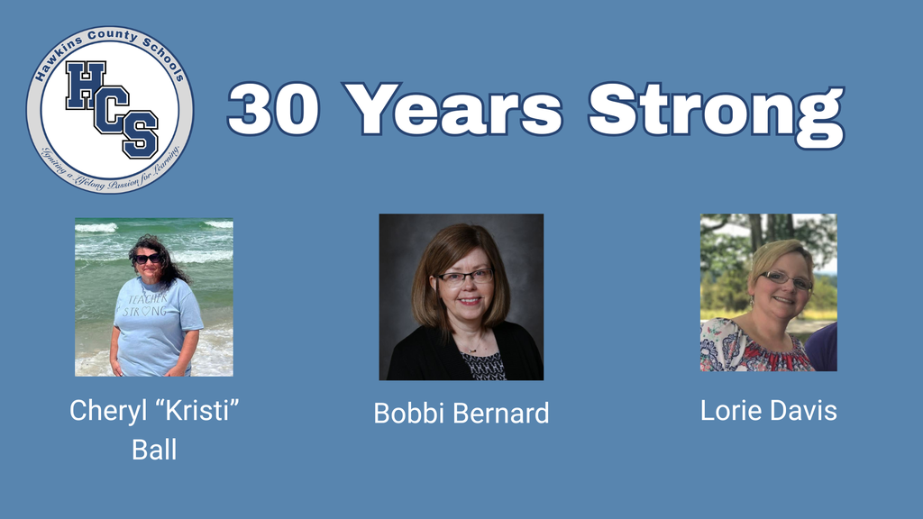 Blue background with text "30 Years Strong" above three photos of smiling women. Left: woman in blue. Middle: woman in black. Right: woman in floral.