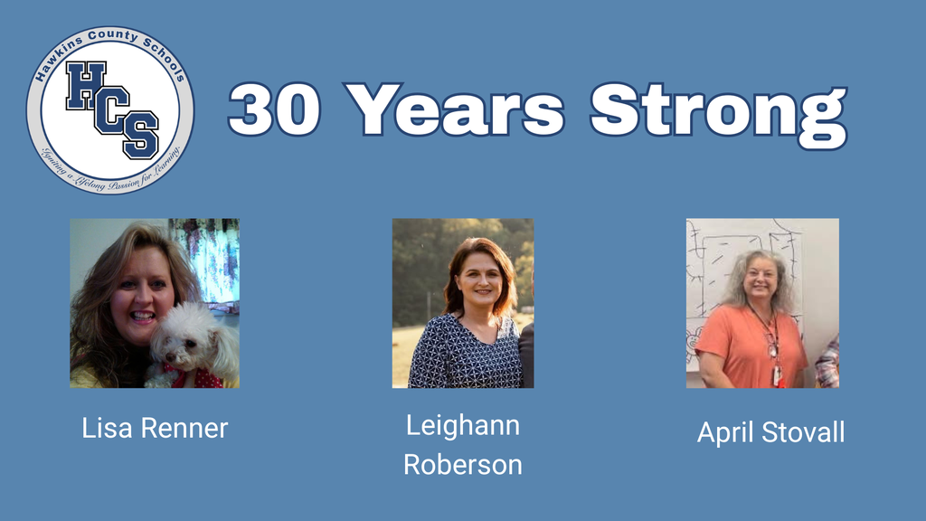Three women, Lisa Renner, Leighann Roberson, and April Stovall, are featured in a blue-background graphic celebrating 30 years.