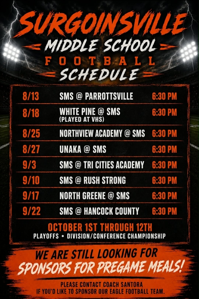 An orange-black poster displays the Surgoinsville Middle School football schedule with dates and times, concluding with playoffs from October 1st through 12th.