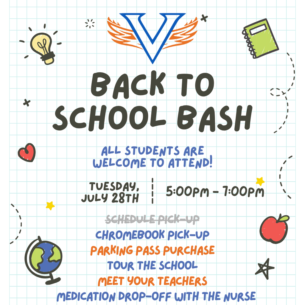 Graphic with a blue and white letter V, event details, and icons for chromebook, apple, globe, and more.
