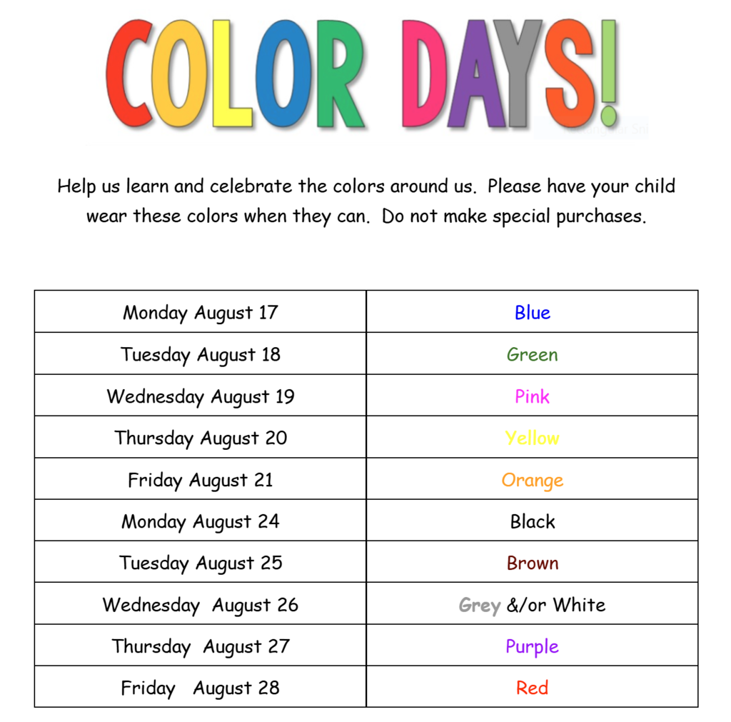 A colorful chart lists color days from August 17 to August 28, encouraging children to wear specific colors.