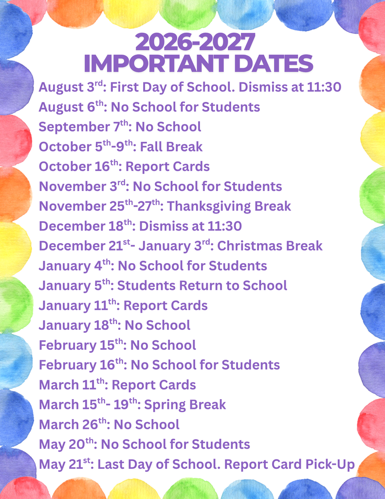 Calendar listing school dates for the 2026-2027 academic year, with colorful watercolor circles on a white background.