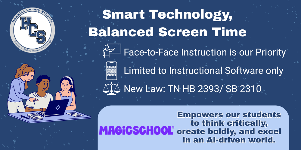 A poster displays text about Smart Technology and Balanced Screen Time, with a logo in the top left.