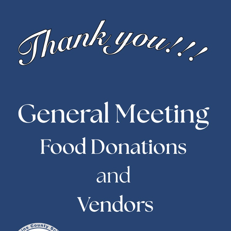 A blue backdrop with white text reads "Thank you!!!", "General Meeting", "Food Donations", and "Vendors". A logo is at the bottom.
