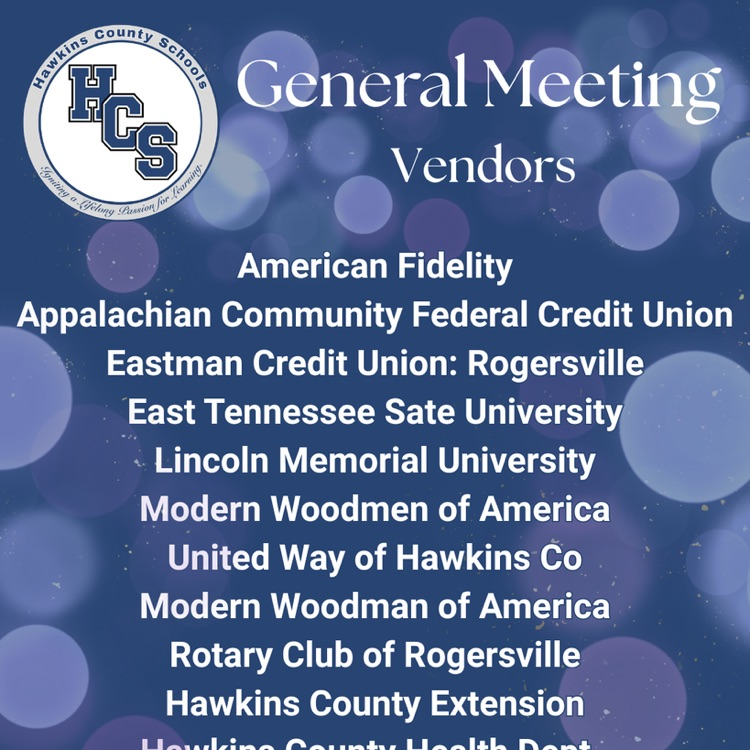 A blue-blurred background displays a list of vendors for the General Meeting, featuring names like American Fidelity and Rotary Club of Rogersville.