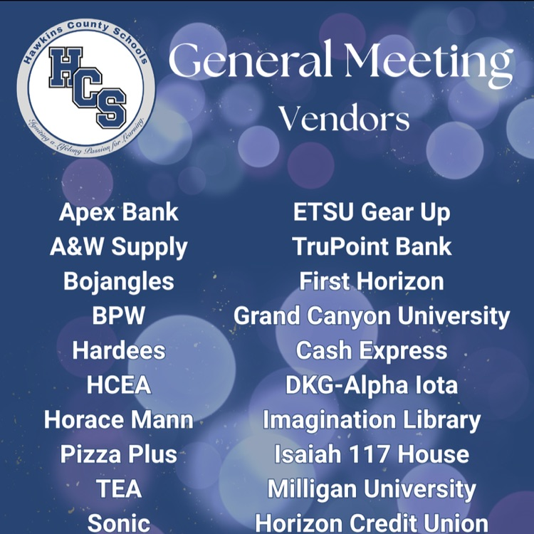 An advertisement for a general meeting with a blue and purple background displays names of participating vendors.