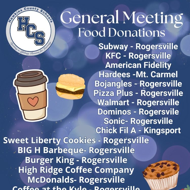 A poster shows food donation locations for a meeting, featuring logos and a heart-shaped coffee cup.