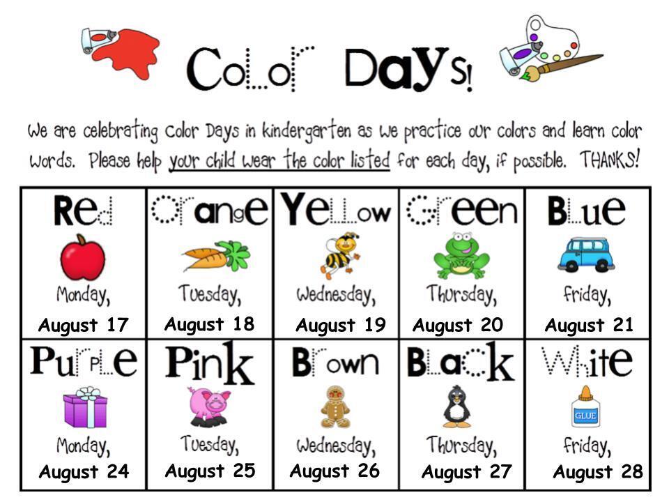 A grid with color labels and icons for kindergarten color days, with dates from August 17 to August 28.
