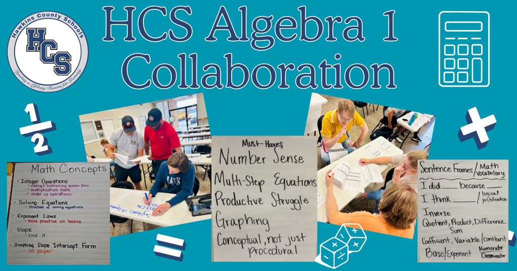 A blue background with a collage of images showing students working on math problems, along with text that reads "HCS Algebra 1 Collaboration".