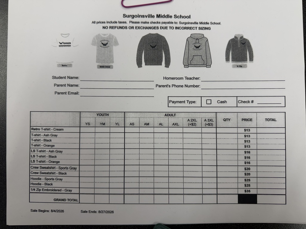 A white page shows clothing items including sweatshirts and hoodies, along with a form for student and parent details.