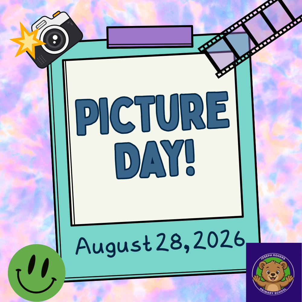 A colorful board with "Picture Day!" in blue. A camera rests on top. The date "August 28, 2026" is below. A smiley face and a film reel add visual interest.