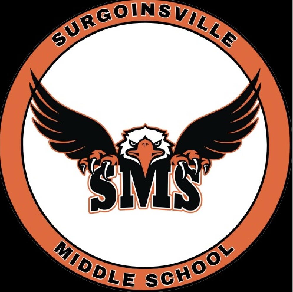 A logo for Surgoinsville Middle School. An eagle spreads its wings, facing right, with "SMS" in bold black letters below.