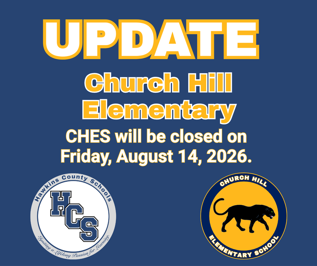 Blue background with white text. "UPDATE" in yellow at top. "Church Hill Elementary" in white below. Logos on both sides.