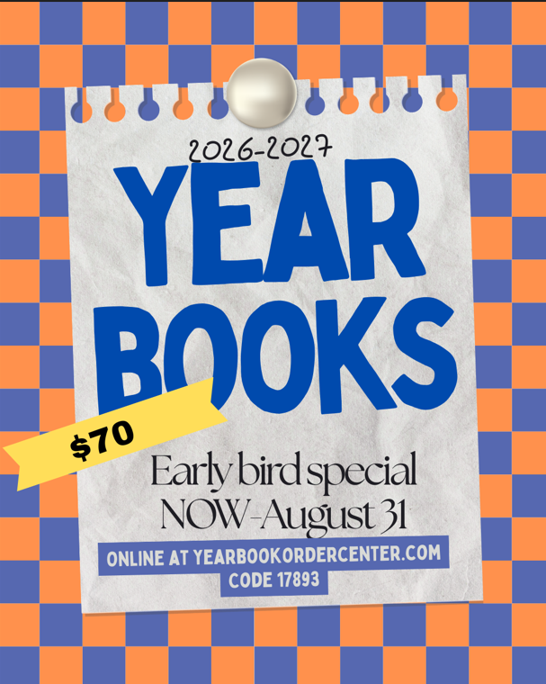 Blue and orange squares form a background. A paper reads "YEAR BOOKS" with "2016-2017" below. A price of $70 is shown.