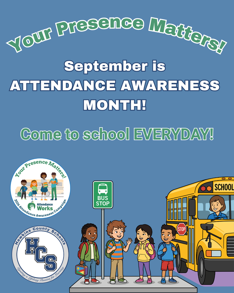 Banner with blue background promoting Attendance Awareness Month. It features children and a school bus.