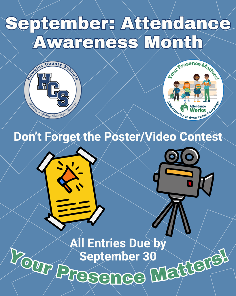 Blue background with blue geometric shapes. Text reads "September: Attendance Awareness Month". Logos, icons, and a call for poster/video contest entries.