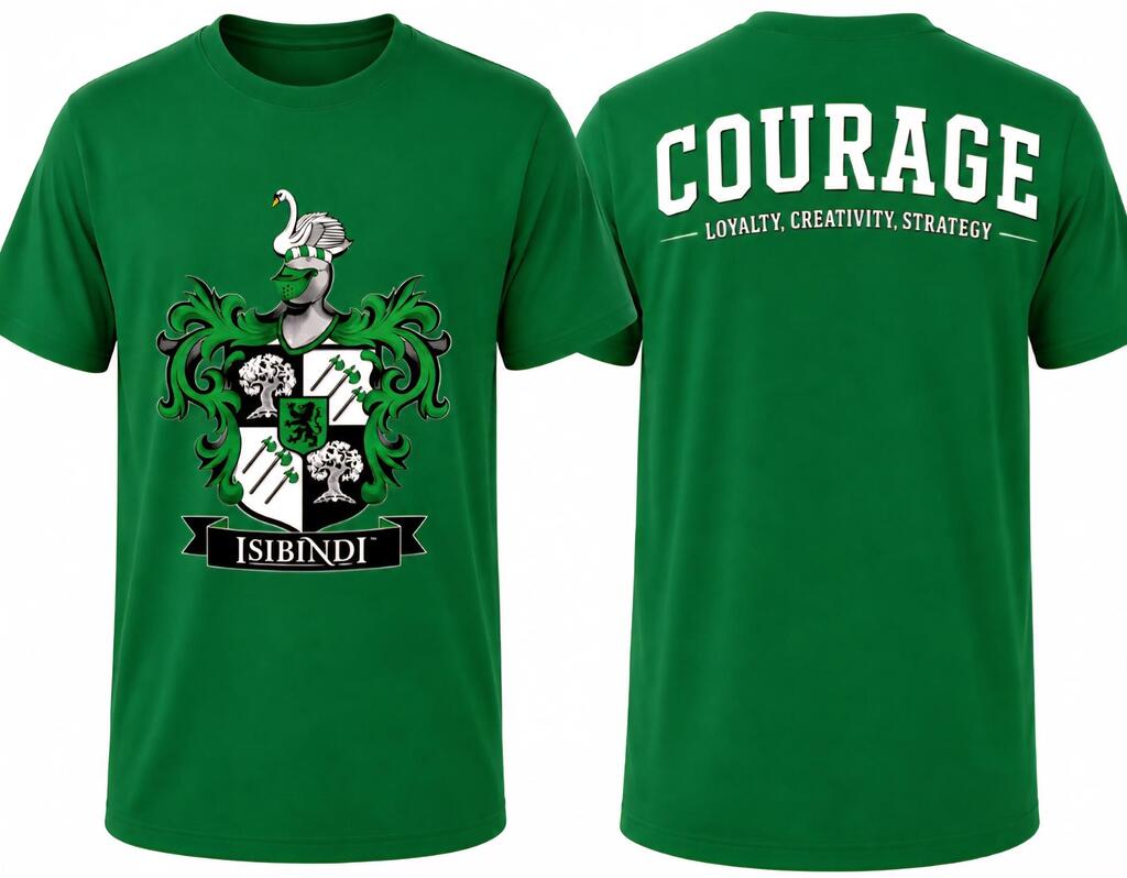 A green t-shirt with white text and a family crest design on the front. The word "COURAGE" is prominently displayed on the back.