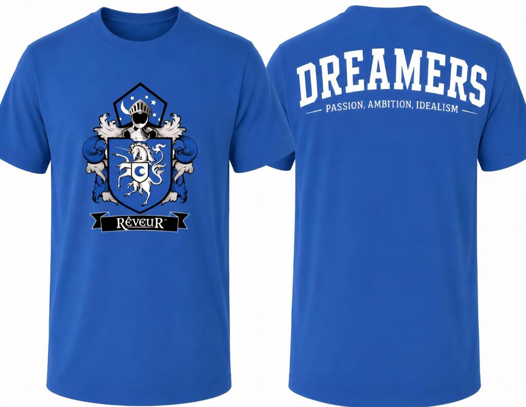 Two blue t-shirts with "Dreamers" and a crest design featuring a sun, crown, and wings.