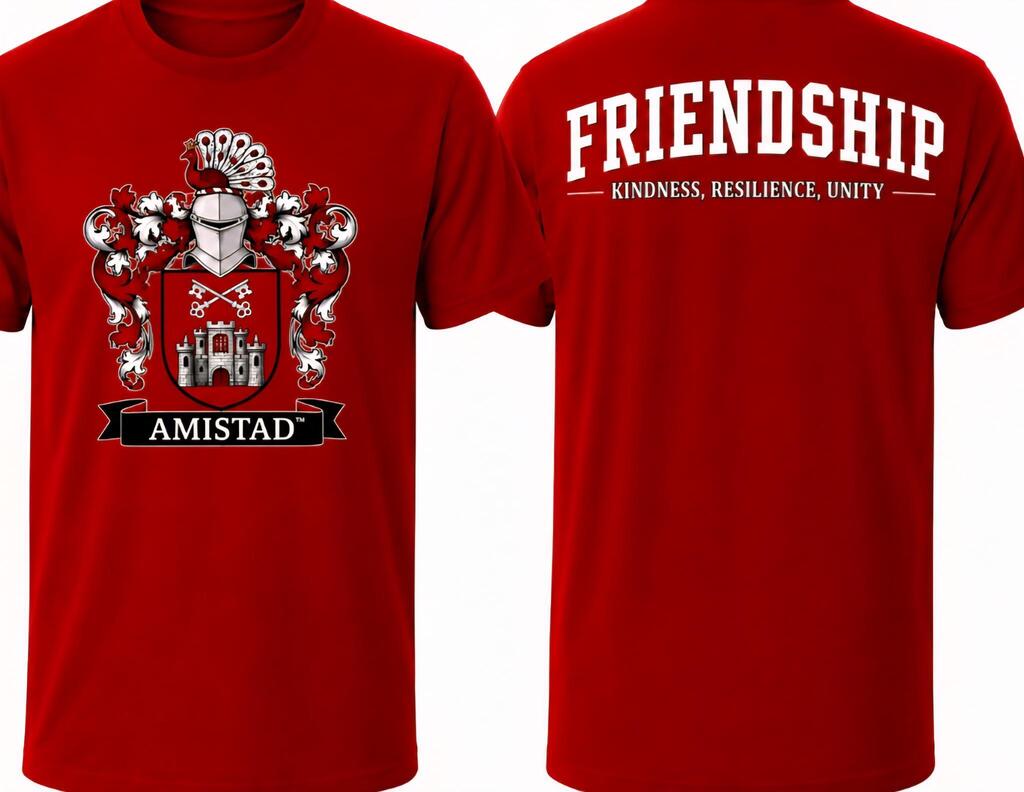 Red t-shirt front and back views with a crest design and "AMISTAD" and "FRIENDSHIP" text.