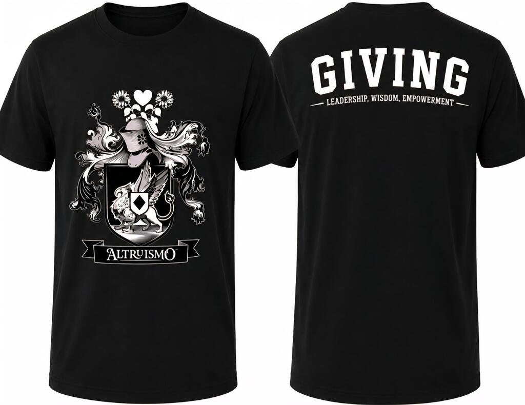 Two views of a black t-shirt with "GIVING" text and a family crest featuring a knight and a heart.
