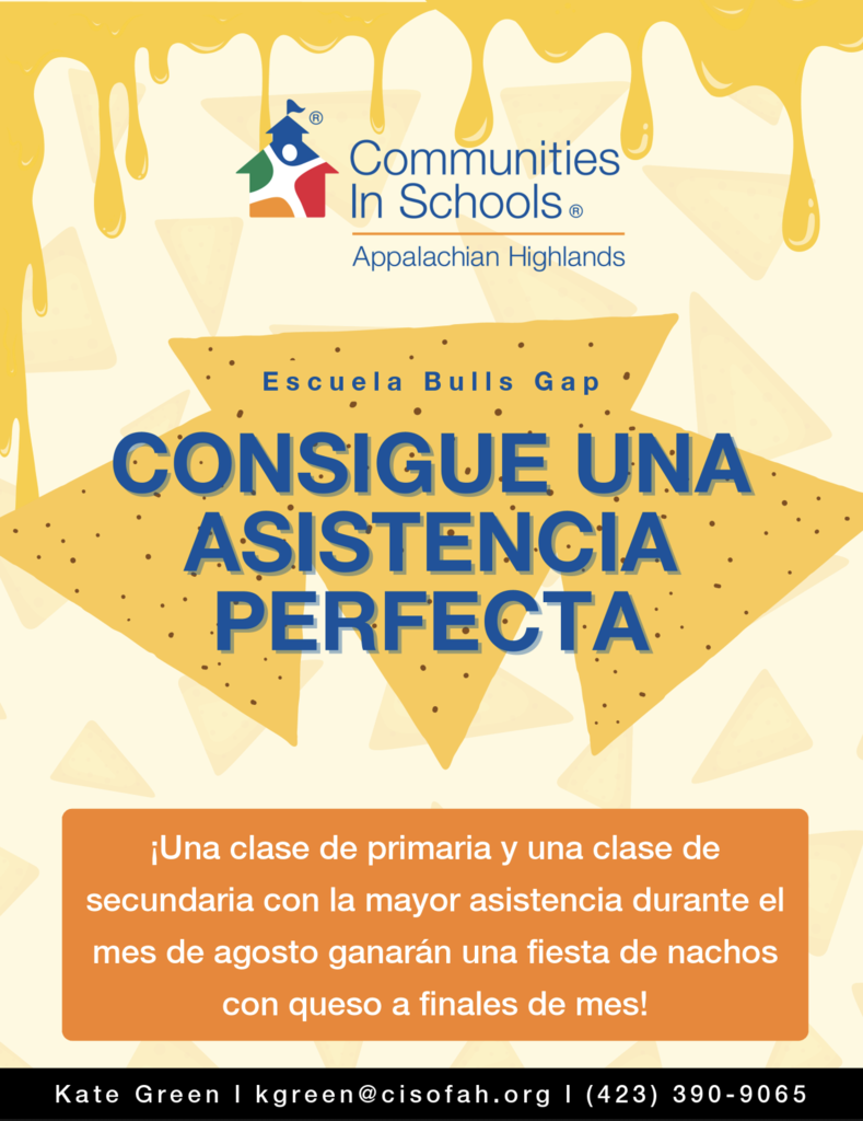 A poster with a yellow background features text in Spanish and English. It highlights perfect attendance and offers a snack party for top classes.