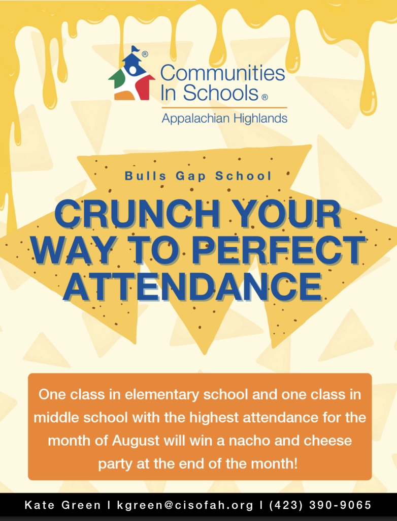 A poster with yellow drips, featuring text about Crunch Your Way to Perfect Attendance. It mentions a reward for classes with the highest attendance in August.
