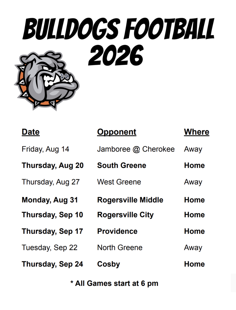 A schedule lists Bulldogs Football 2026 games with opponent, date, and location details.